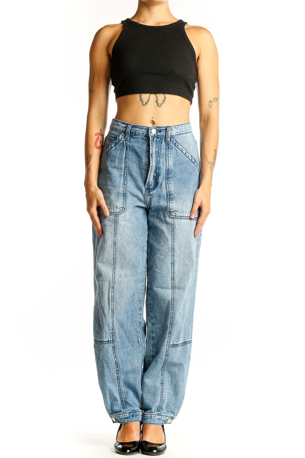 Front view of Elan light blue wide-leg carpenter jeans with large patch pockets