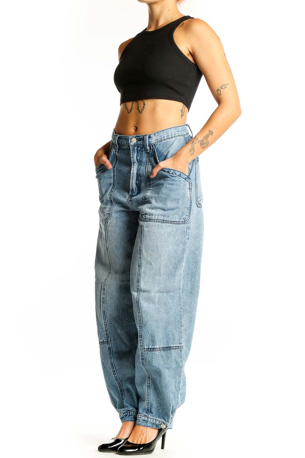 Front view of Elan light blue wide-leg carpenter jeans with large patch pockets