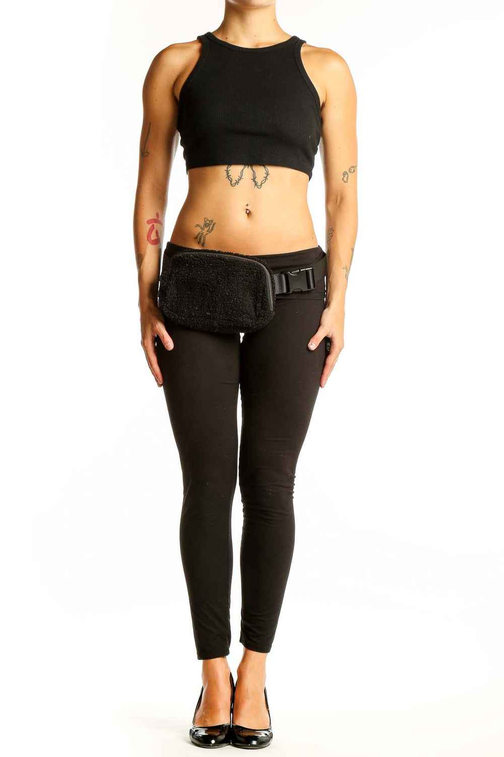 Front view of black fuzzy fanny pack with adjustable strap