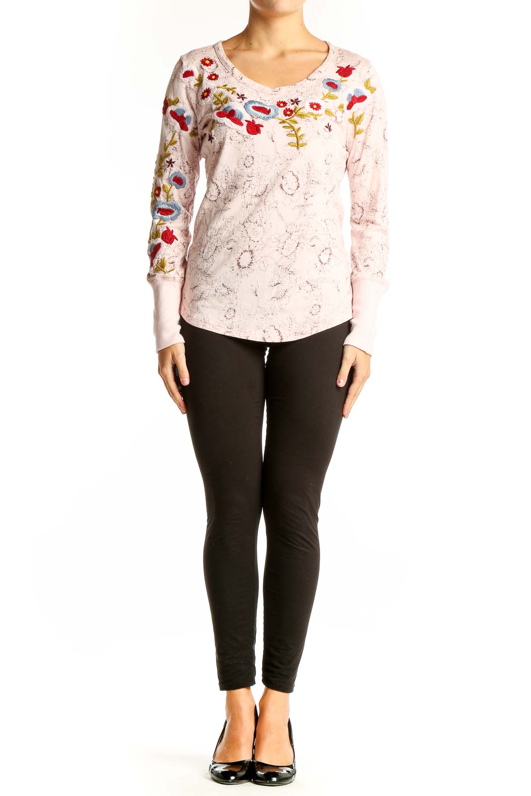 Front view of pink Sundance long sleeve top with colorful floral embroidery