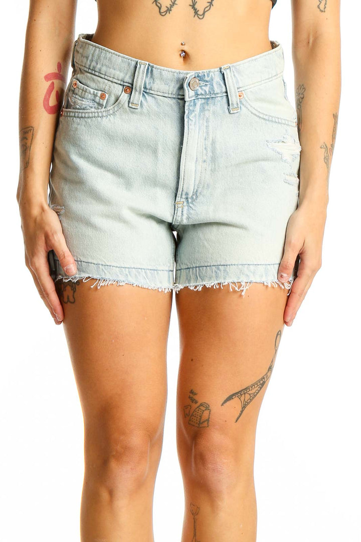 Front view of Gap light blue distressed denim shorts with high-rise waist
