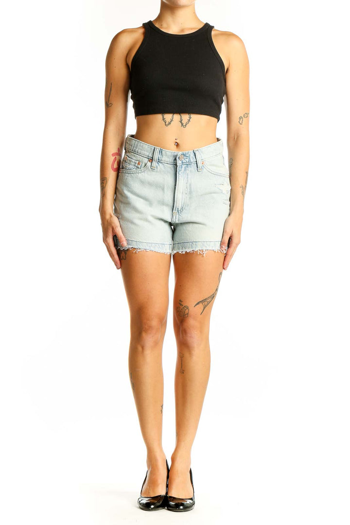 Front view of Gap light blue distressed denim shorts with high-rise waist
