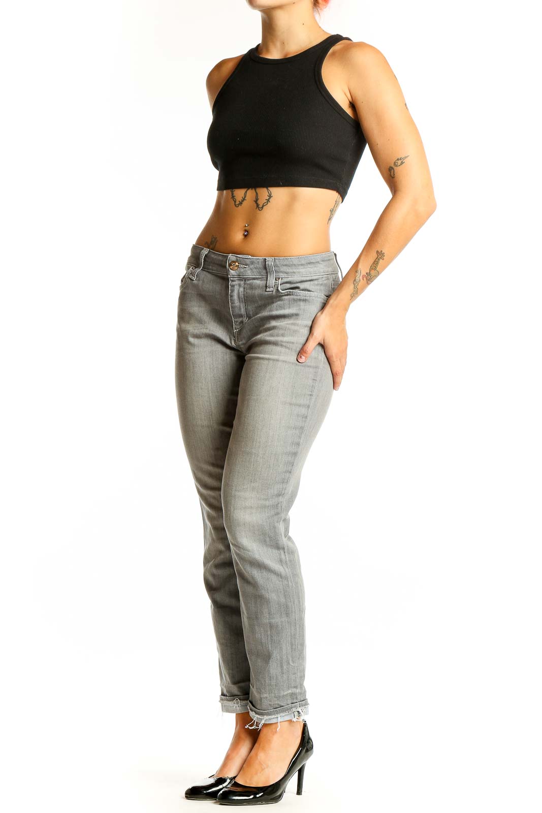 Front view of Joe's gray slim fit ankle-length jeans on model