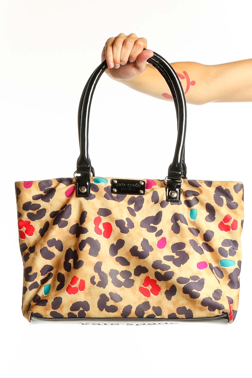 Front view of Kate Spade multicolor leopard print tote bag