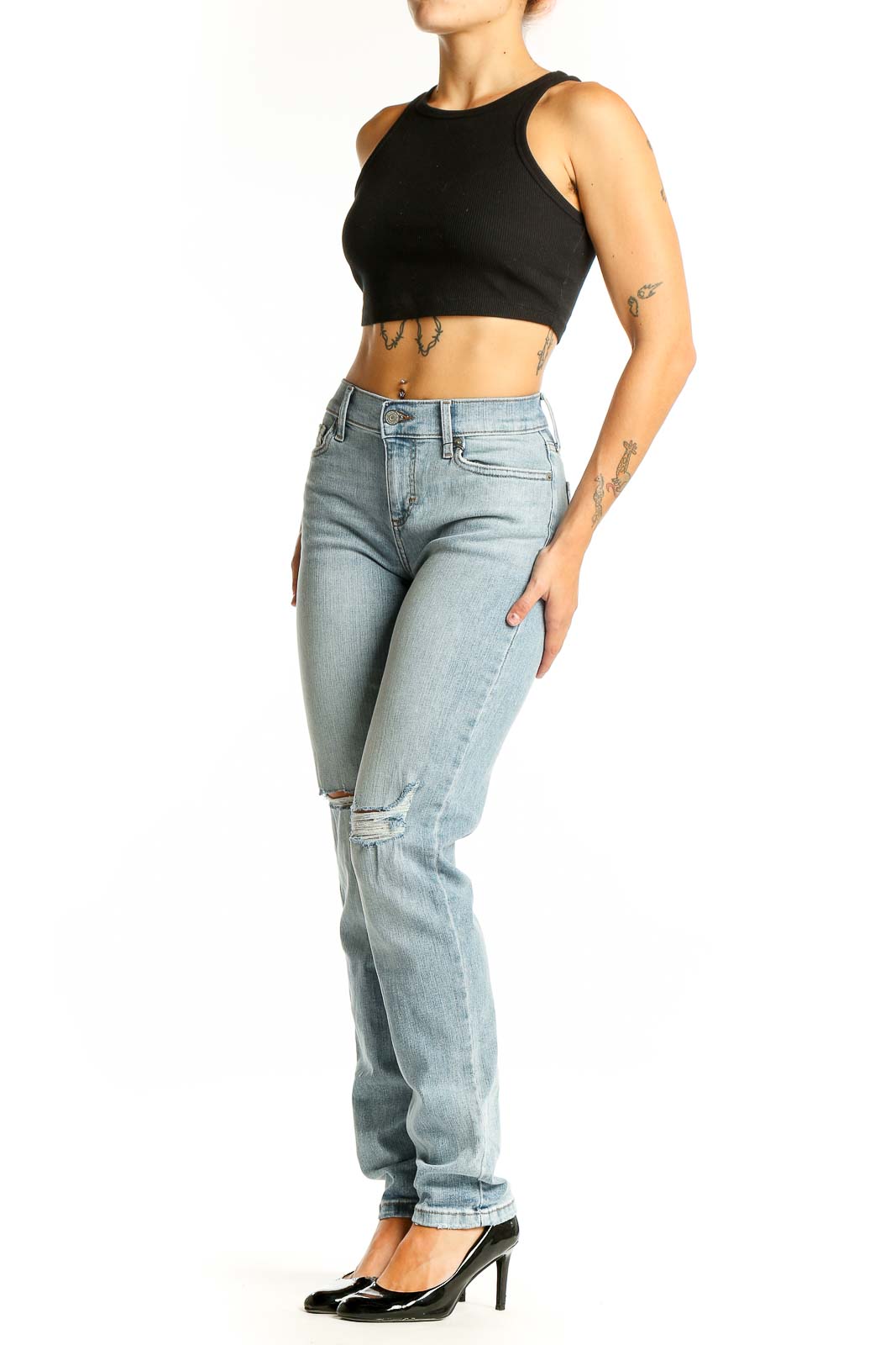 Front view of Banana Republic light blue distressed straight leg jeans on model