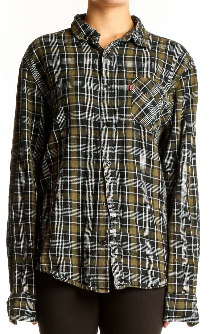 Front view of Levi's olive plaid cotton button-up shirt