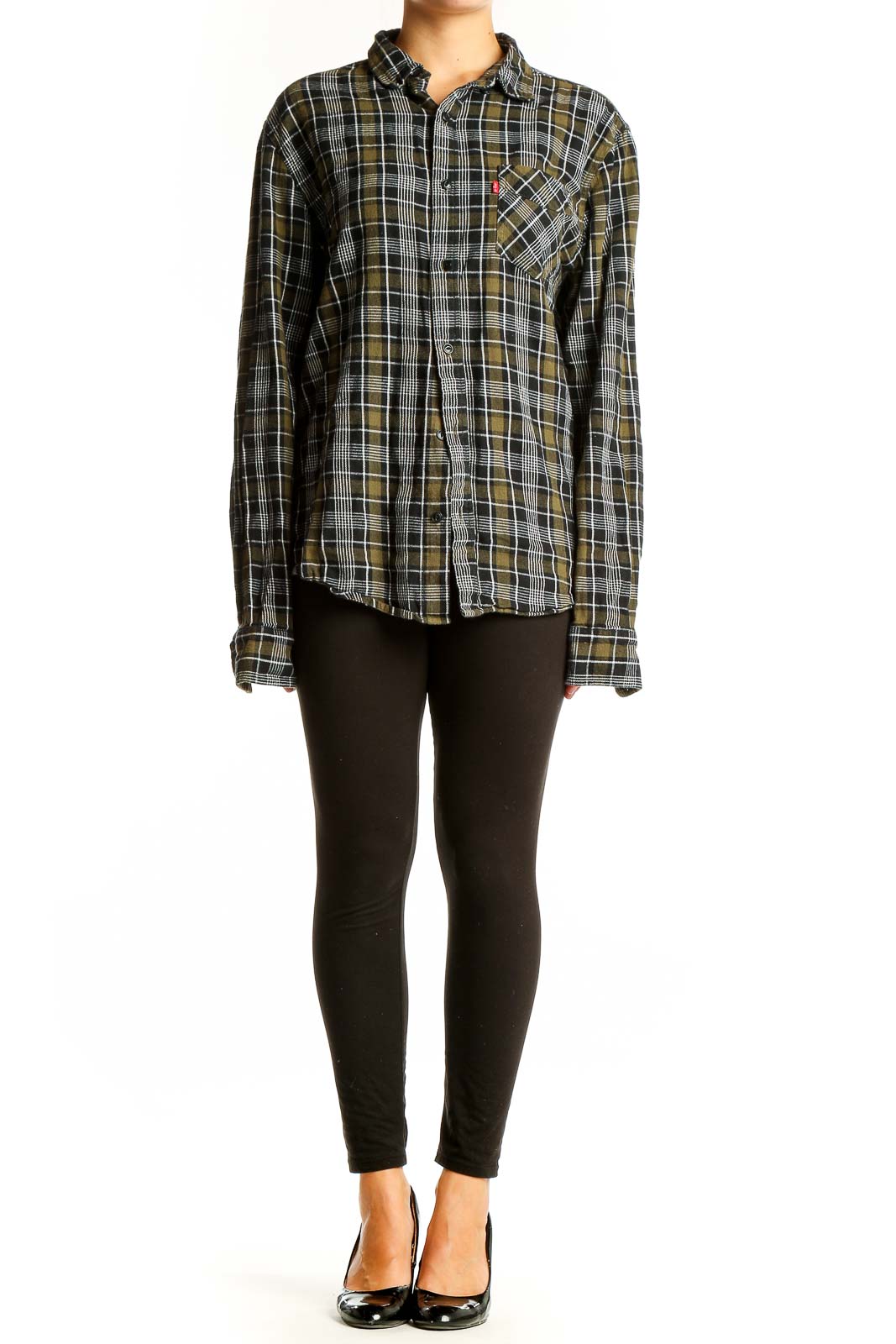 Front view of Levi's olive plaid cotton button-up shirt