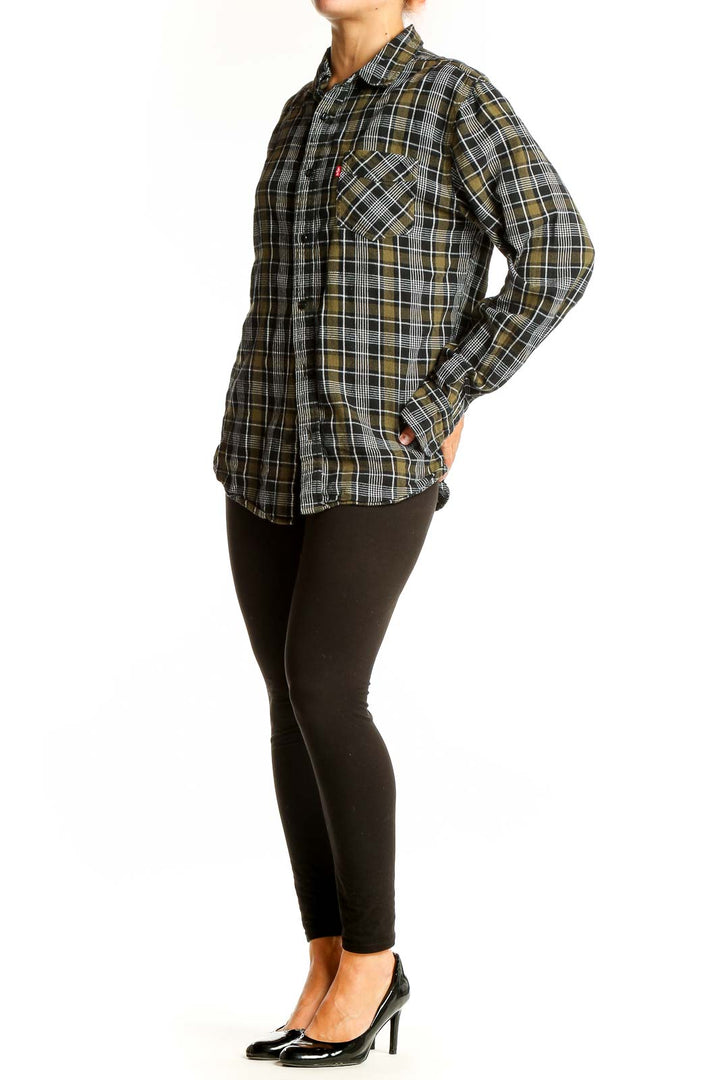 Front view of Levi's olive plaid cotton button-up shirt