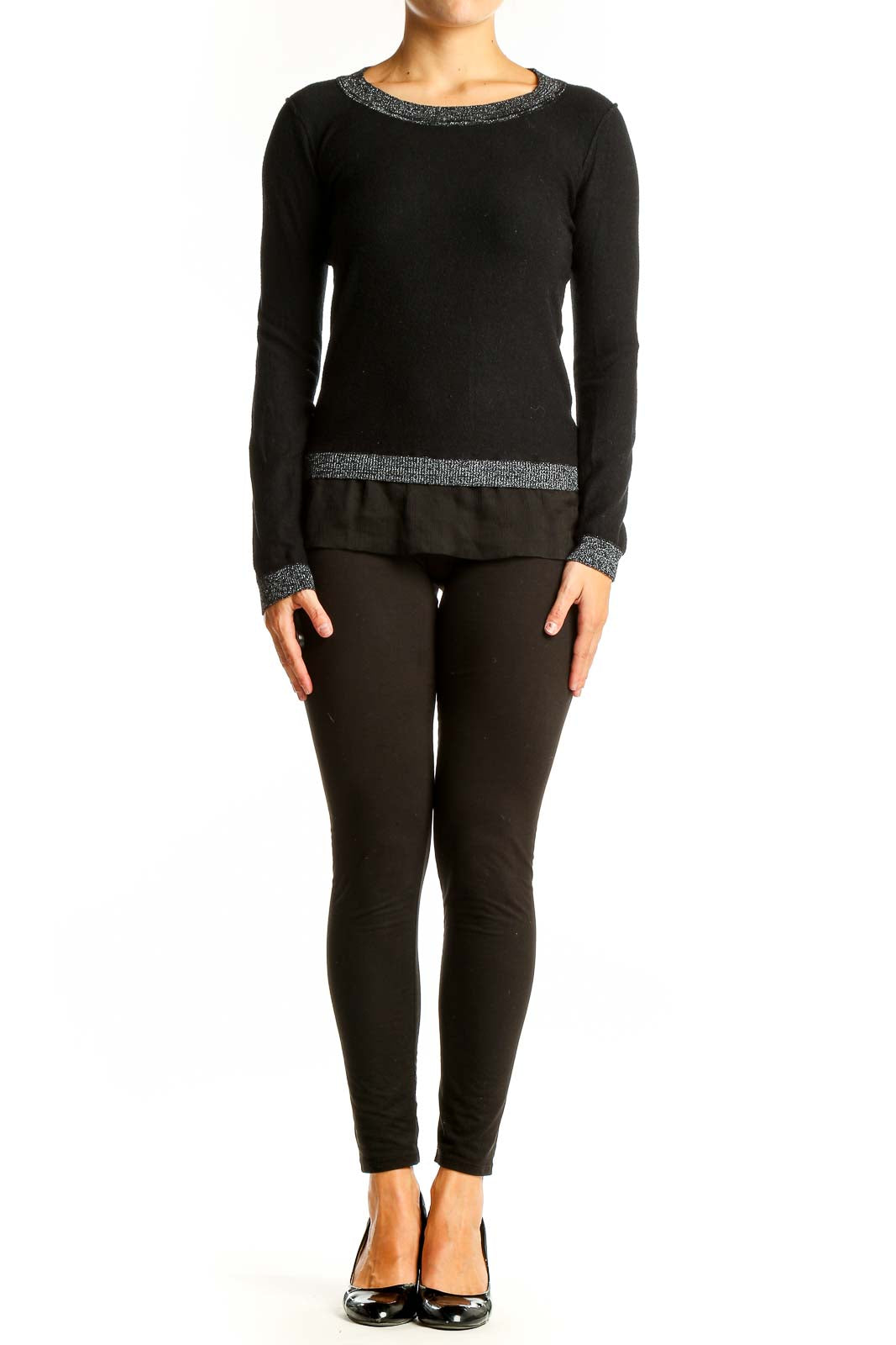 Front view of Ravel black layered long sleeve top with metallic trim