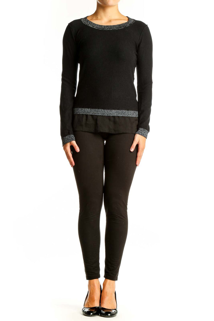 Front view of Ravel black layered long sleeve top with metallic trim