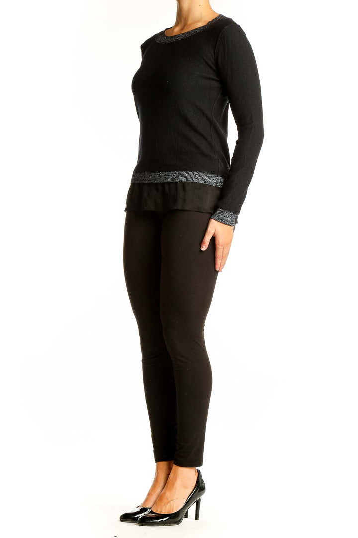 Front view of Ravel black layered long sleeve top with metallic trim