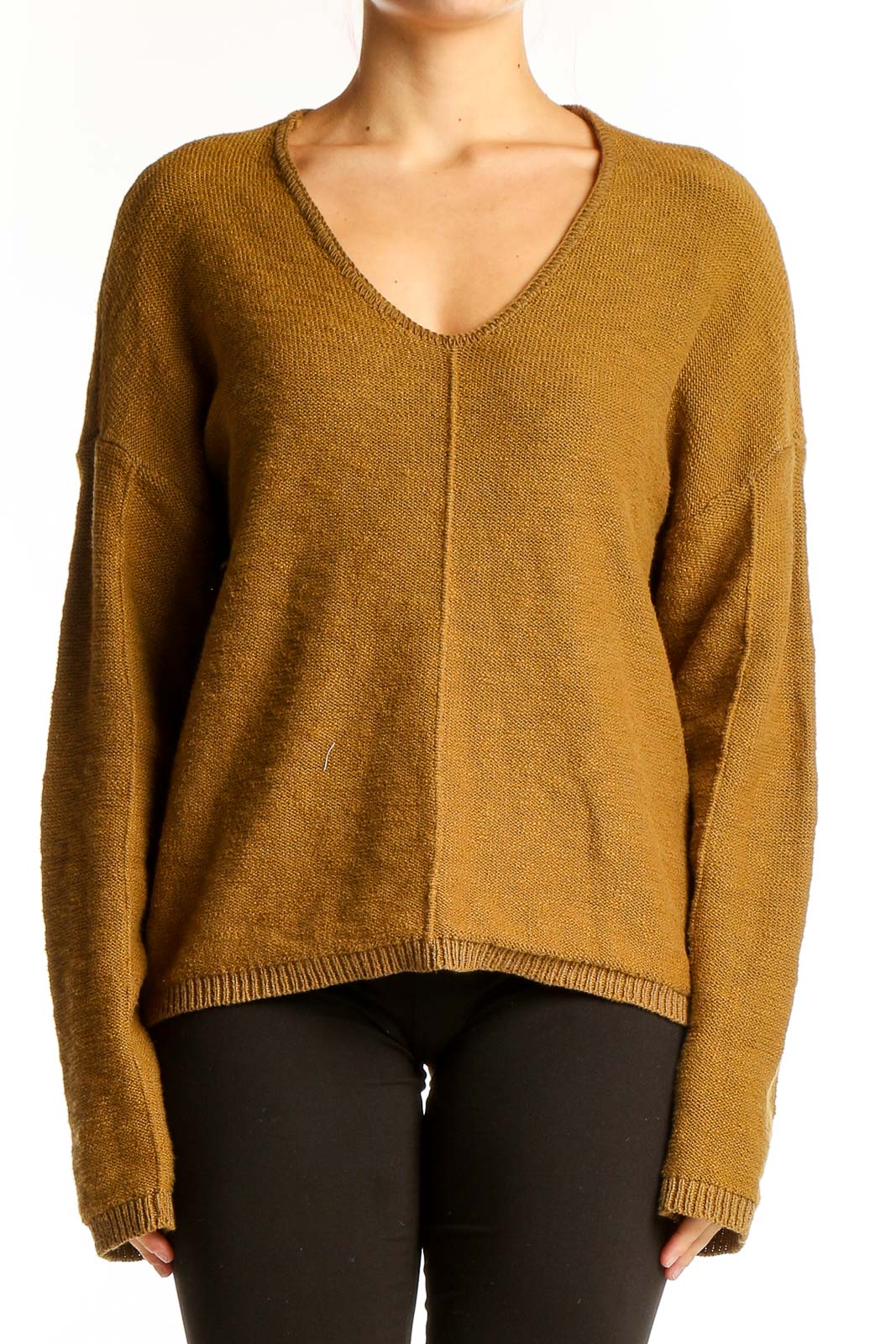 Front view of Sanctuary mustard V-neck cotton knit sweater