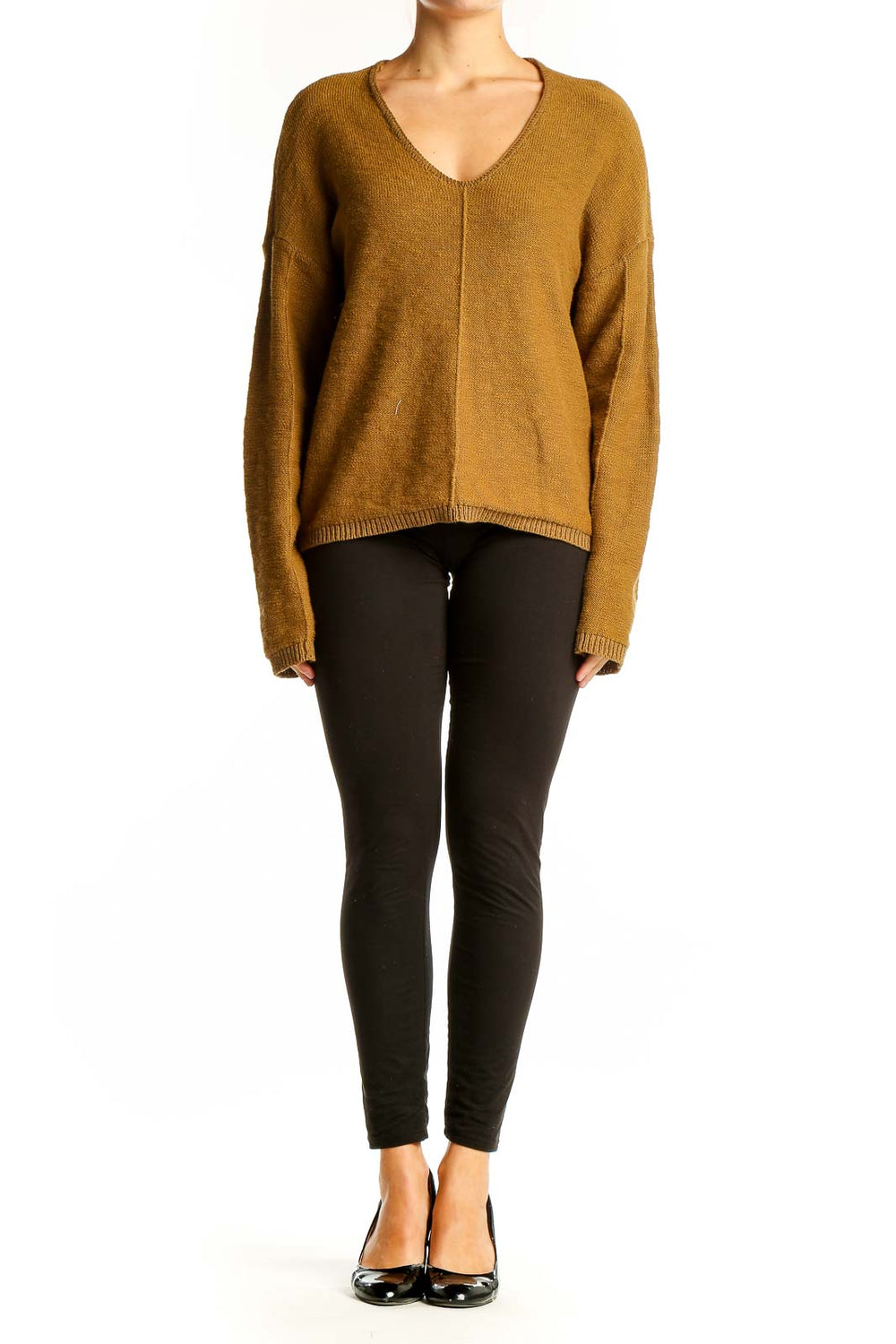 Front view of Sanctuary mustard V-neck cotton knit sweater