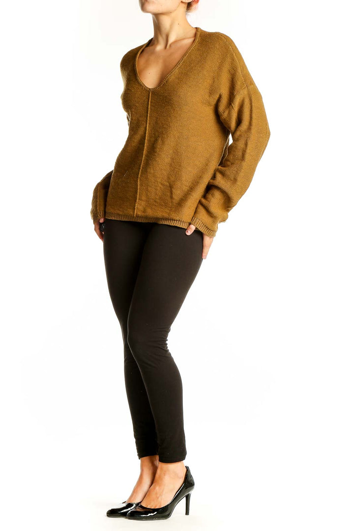 Front view of Sanctuary mustard V-neck cotton knit sweater