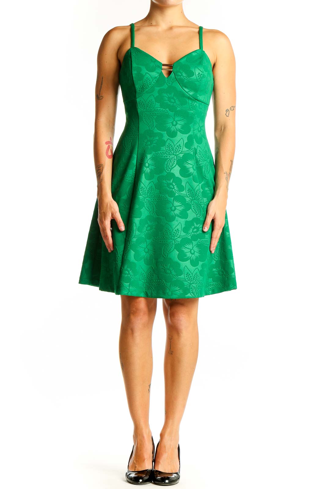 Front view of green Guess dress with embossed floral pattern and sweetheart neckline
