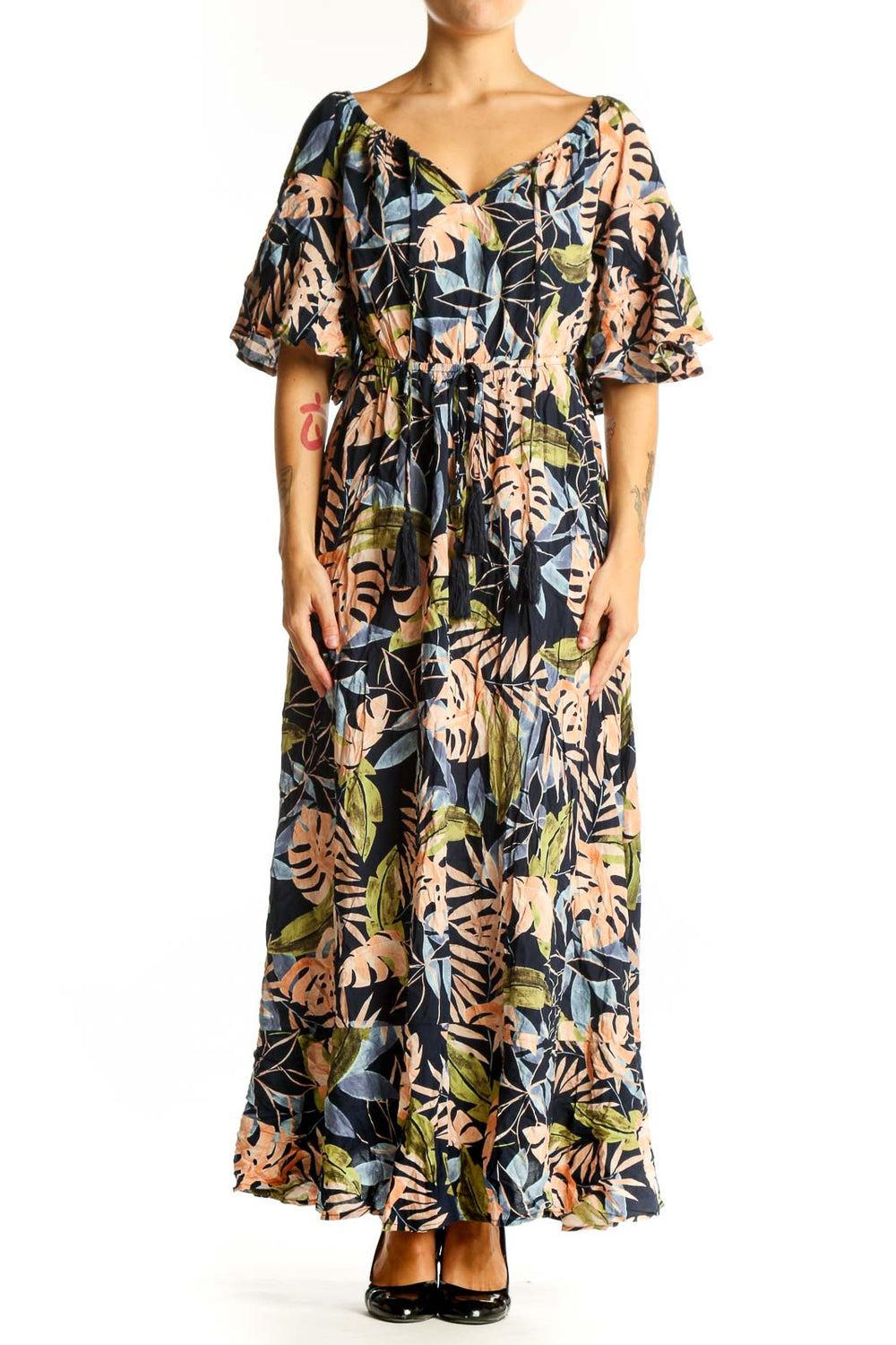 Front view of multicolor tropical print maxi dress with flutter sleeves