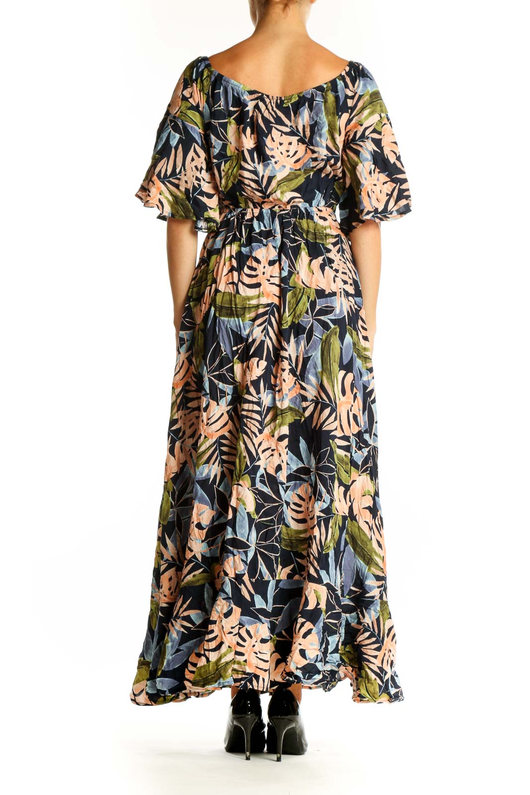 Back view of Label of Love tropical print maxi dress showing full-length design