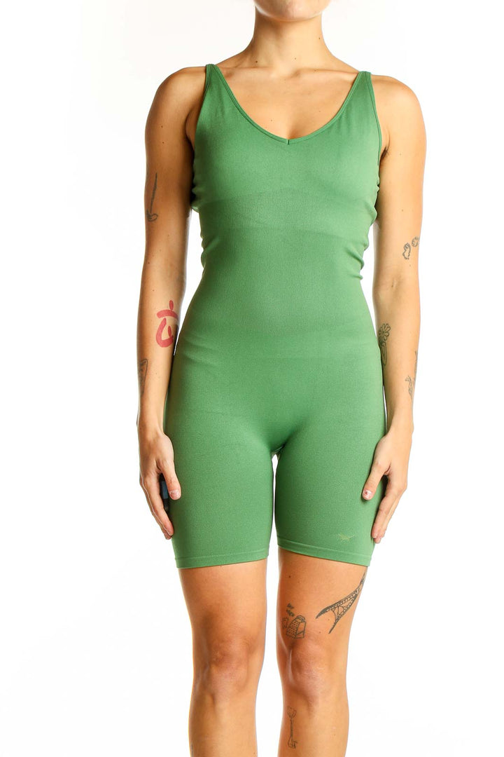Front view of Green Pink Active Bodycon Unitard