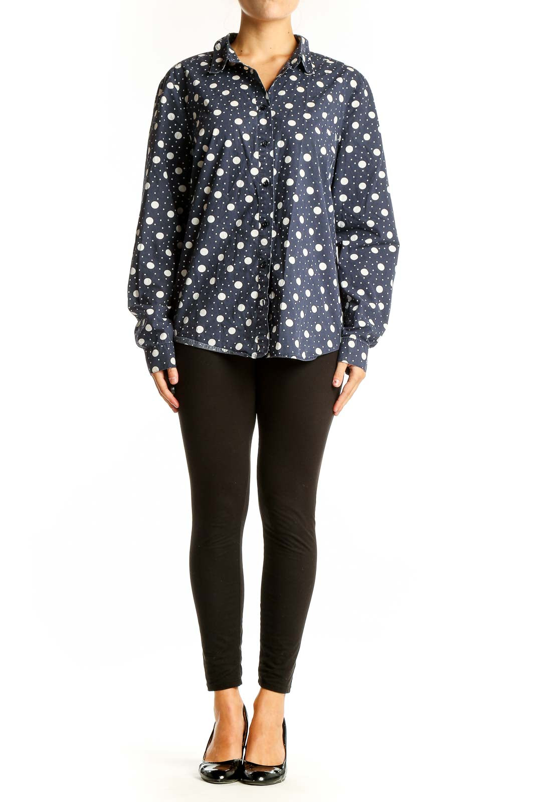 Front view of Boden navy polka dot cotton button-up shirt