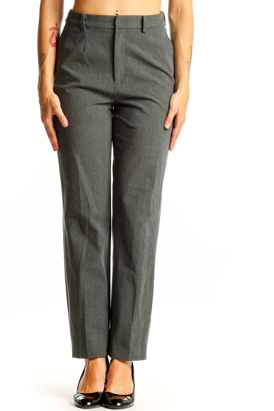 Front view of gray Uniqlo suit separates trousers on model