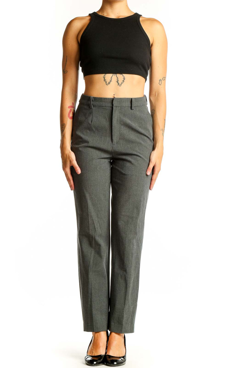 Front view of gray Uniqlo suit separates trousers on model