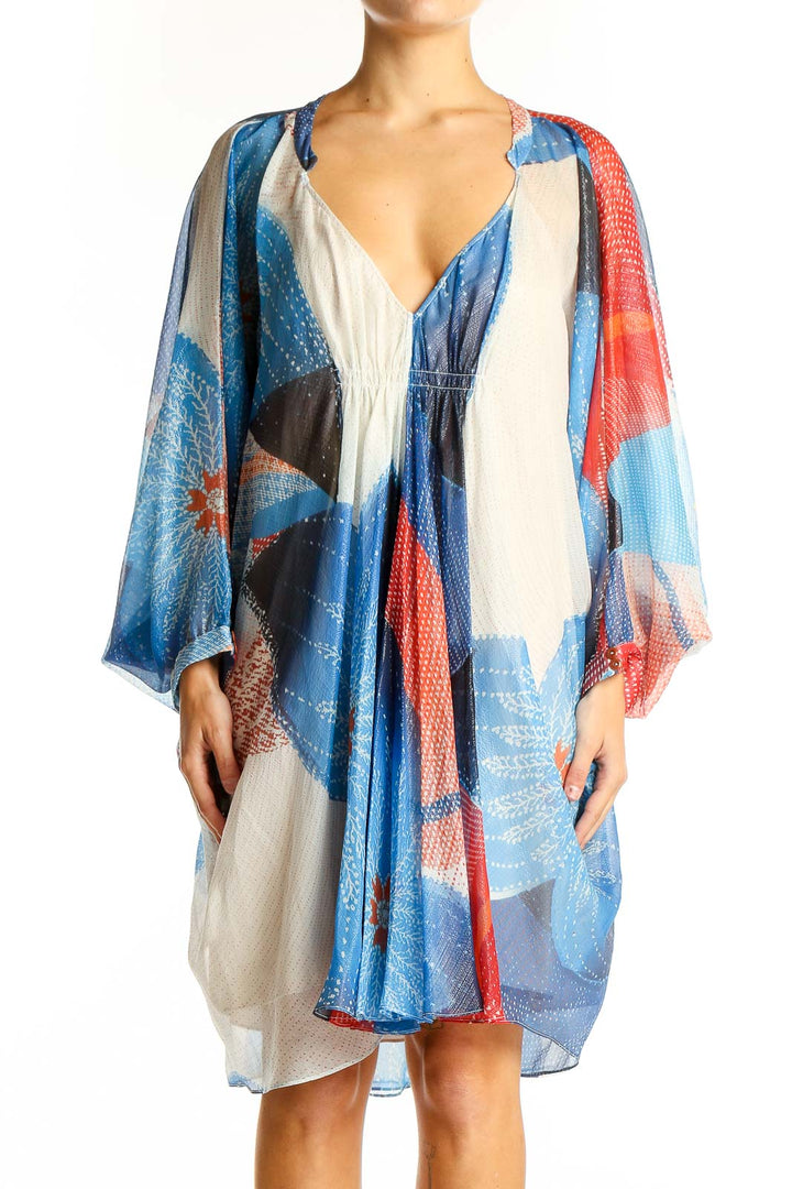 Front view of Diane von Furstenberg blue and red abstract print kimono dress
