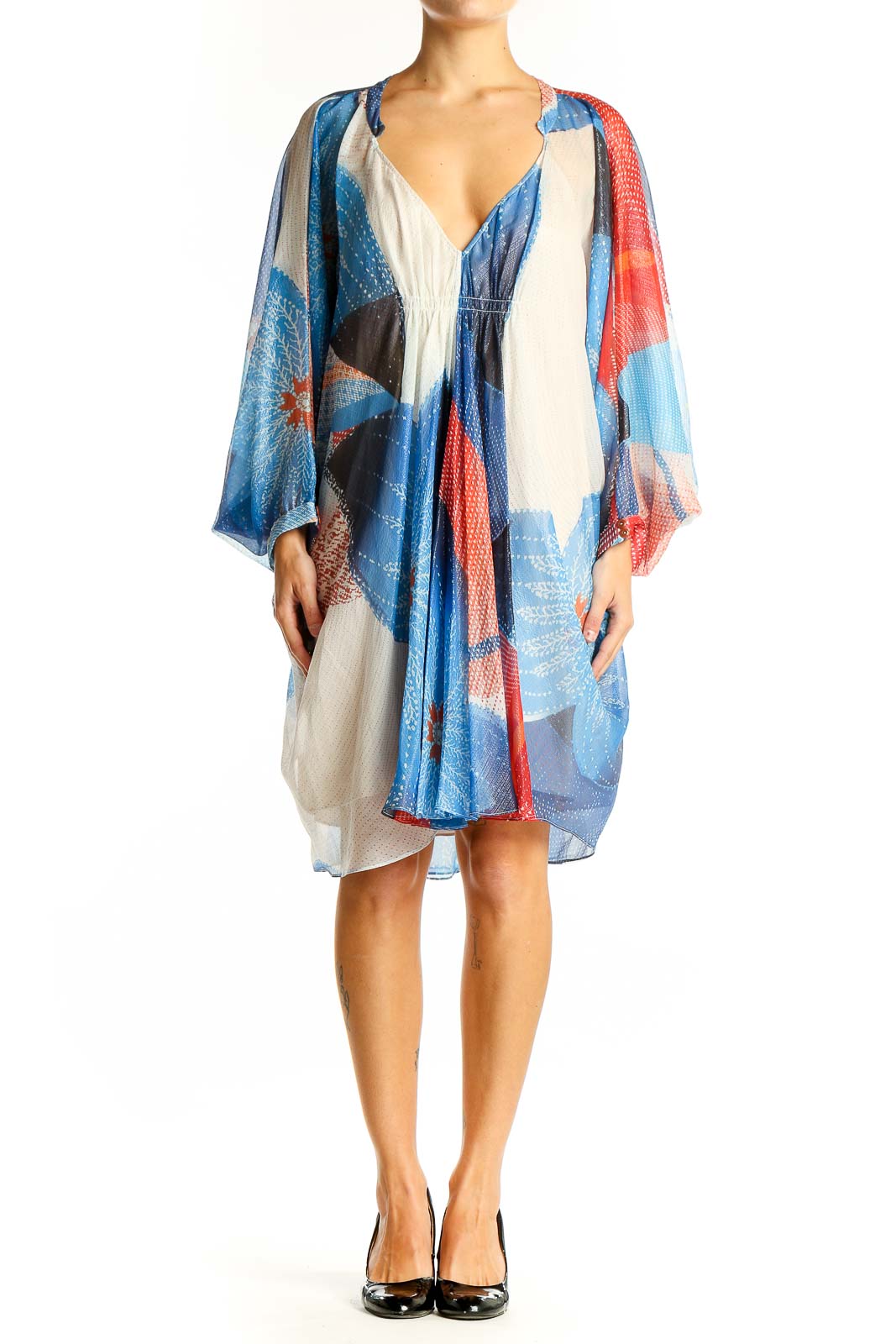 Front view of Diane von Furstenberg blue and red abstract print kimono dress