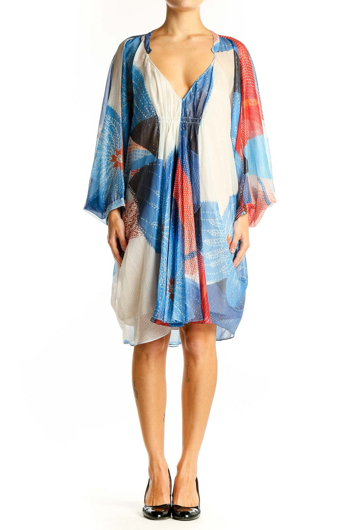Front view of Diane von Furstenberg blue and red abstract print kimono dress