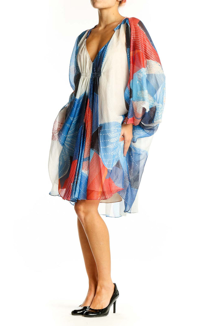 Front view of Diane von Furstenberg blue and red abstract print kimono dress