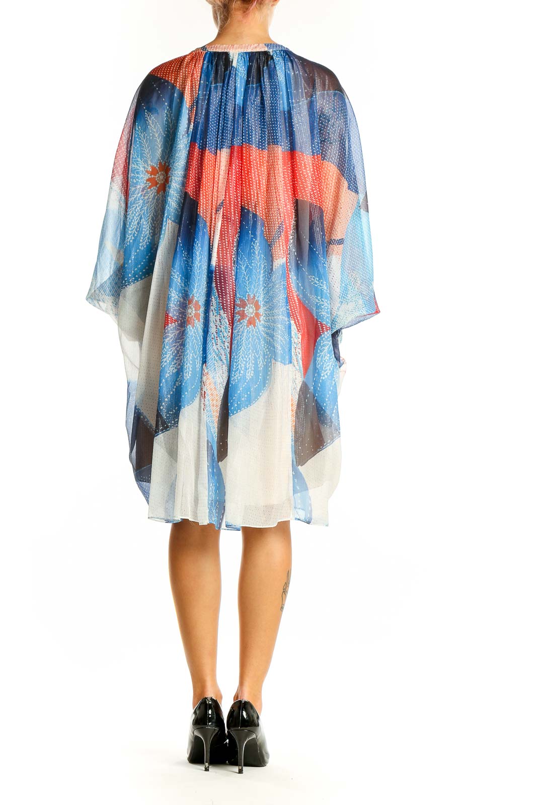 Side view of Diane von Furstenberg blue and red abstract print kimono dress