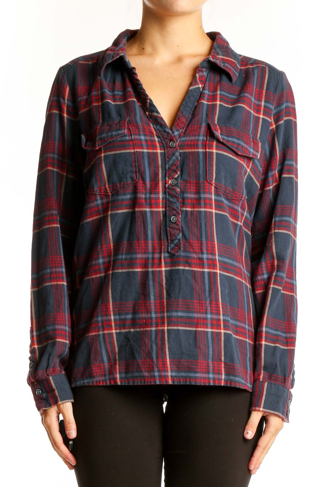 Front view of Soft Joie navy and red plaid cotton shirt with partial button-up