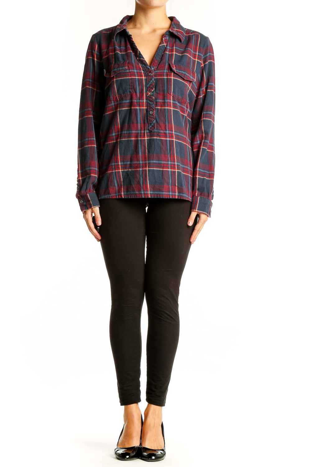 Front view of Soft Joie navy and red plaid cotton shirt with partial button-up