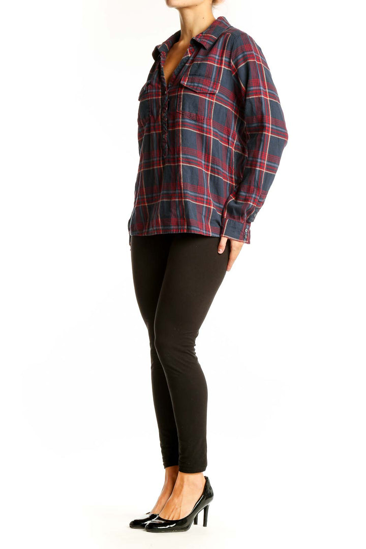 Front view of Soft Joie navy and red plaid cotton shirt with partial button-up