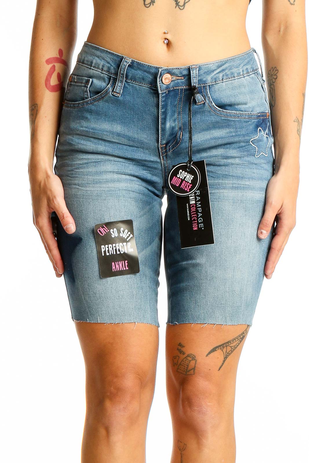Front view of RAMPAGE light blue distressed denim Bermuda shorts