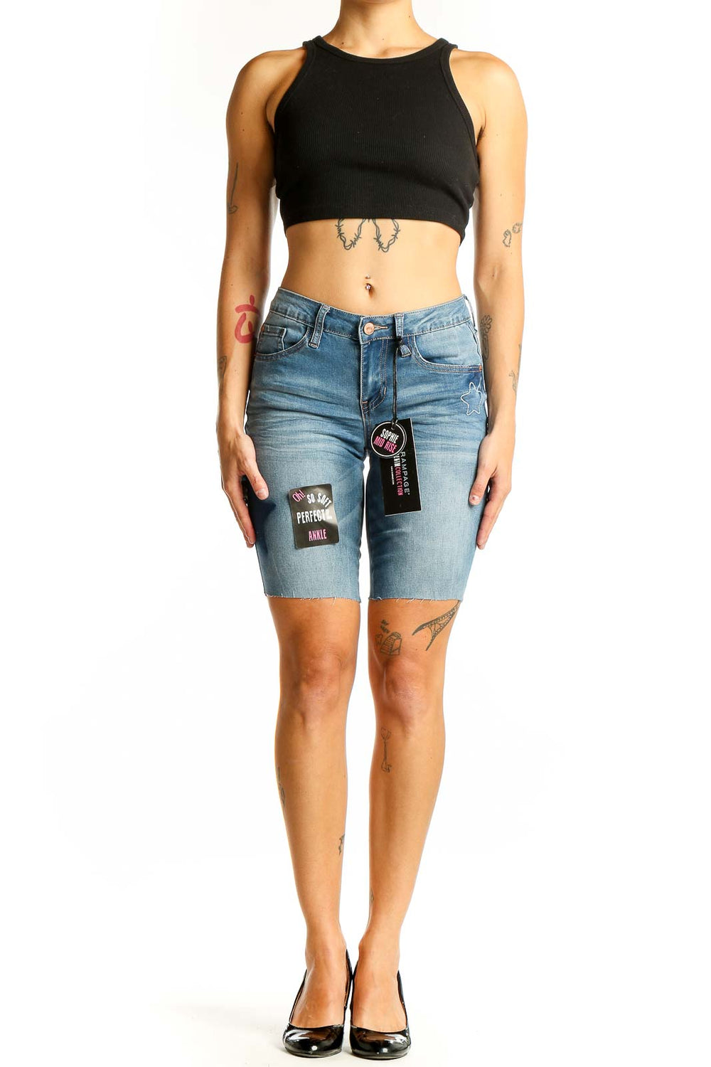 Front view of RAMPAGE light blue distressed denim Bermuda shorts