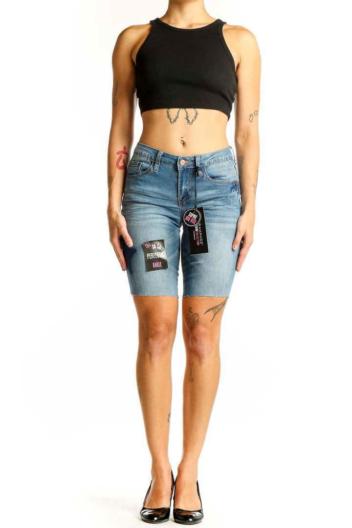 Front view of RAMPAGE light blue distressed denim Bermuda shorts