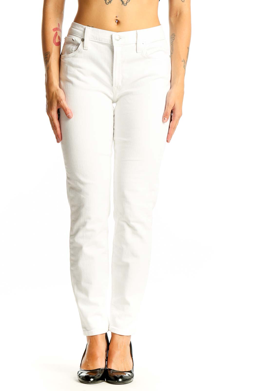 Front view of white slim fit J.Crew denim jeans