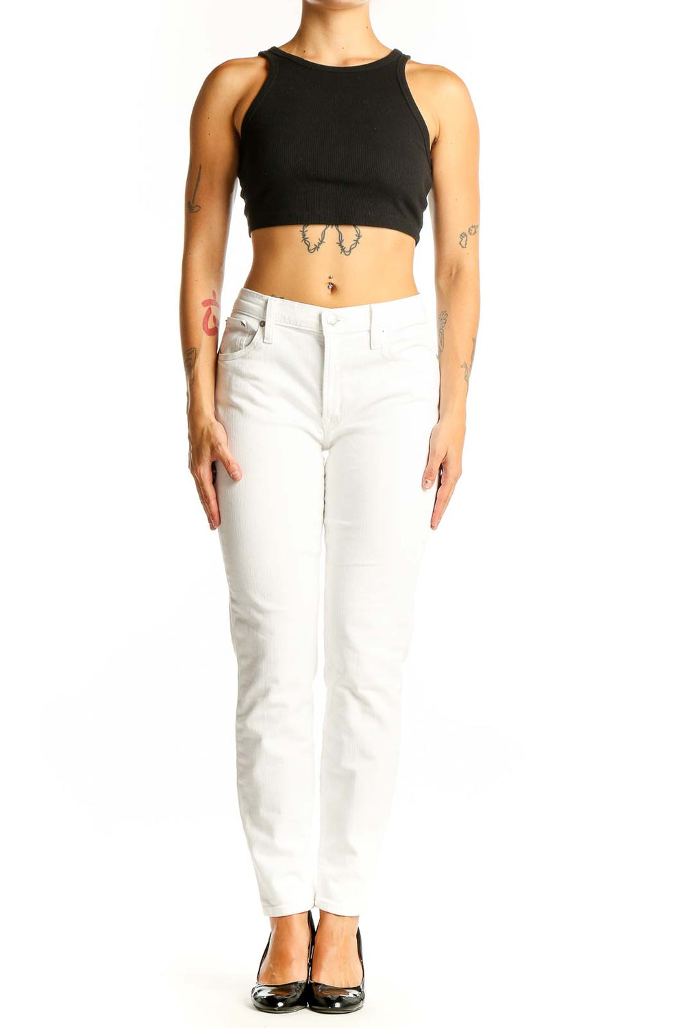 Front view of white slim fit J.Crew denim jeans