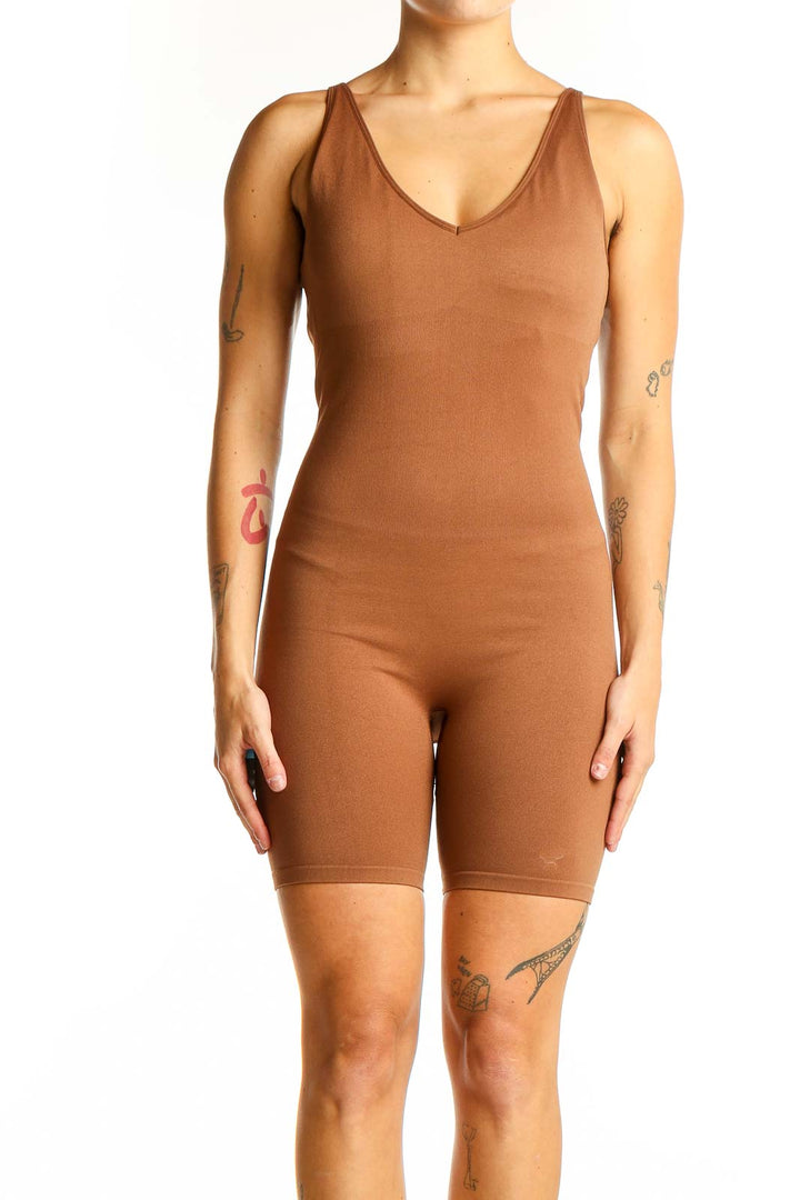 Front view of Pink Active brown bodycon jumpsuit with V-neck