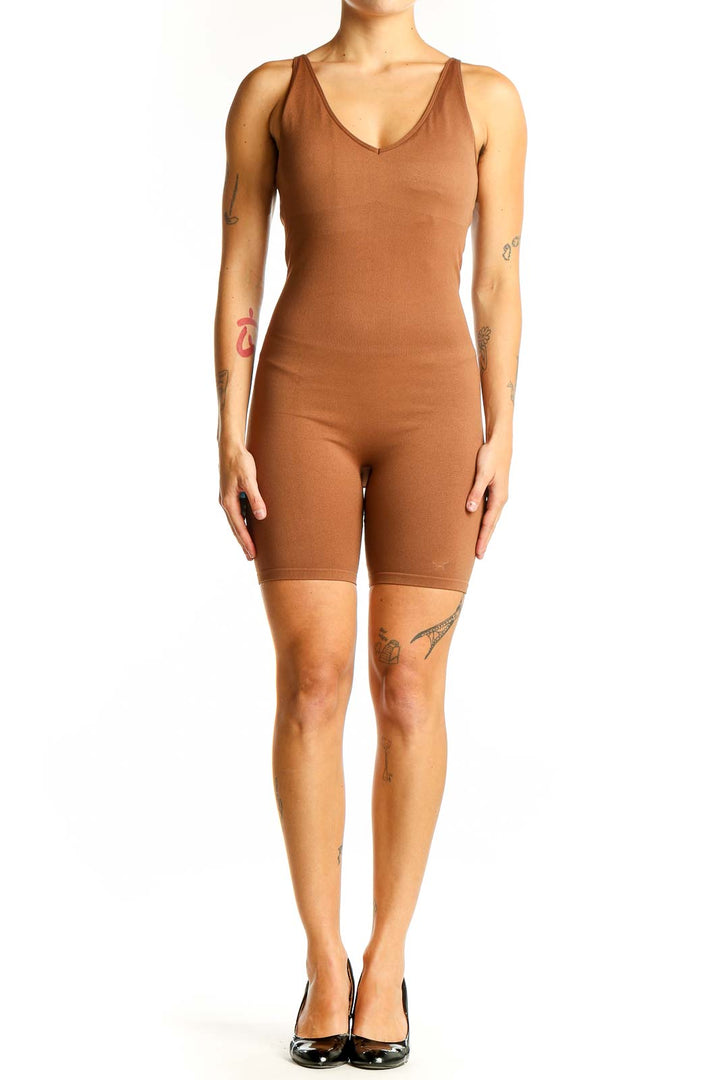 Front view of Pink Active brown bodycon jumpsuit with V-neck