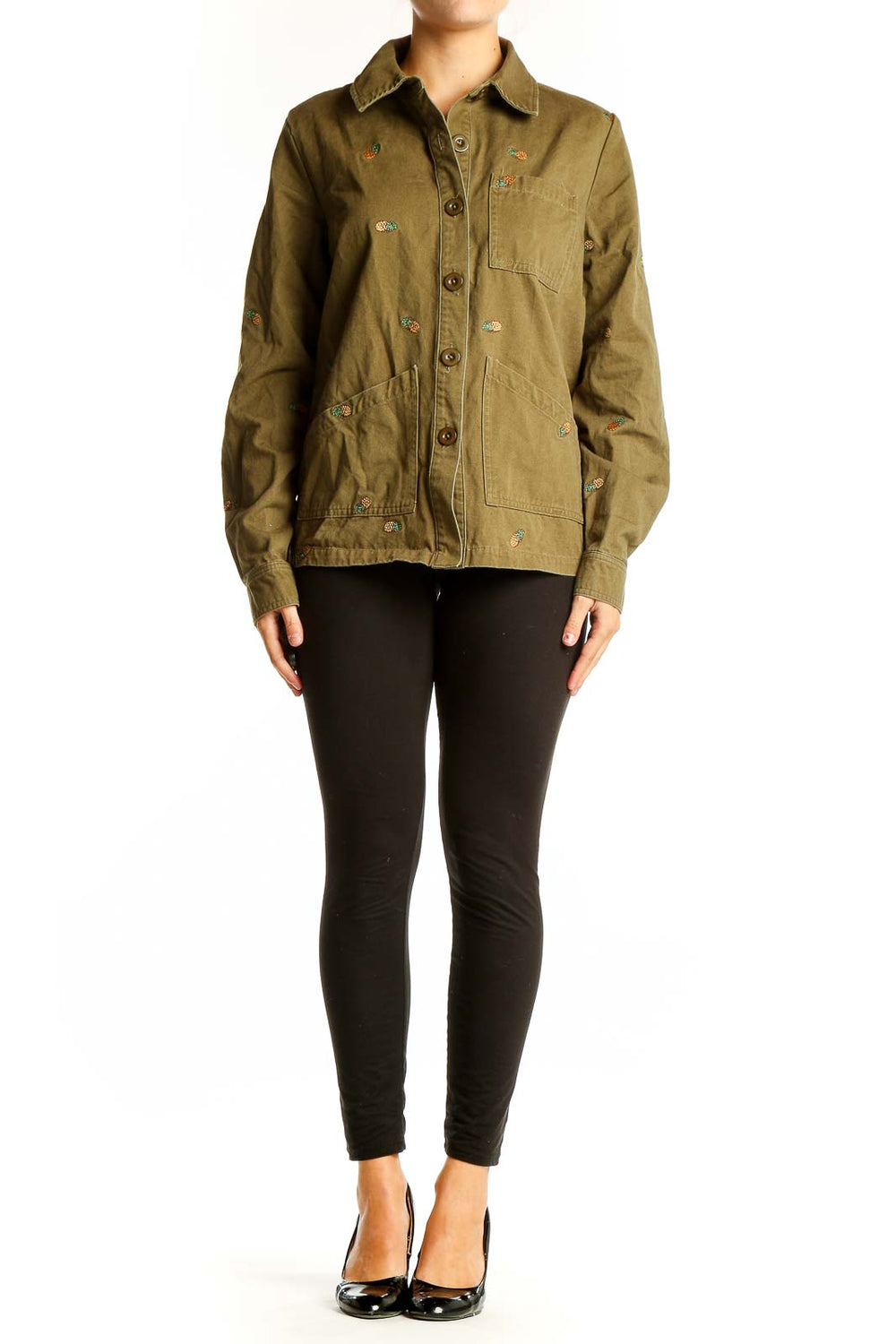 Front view of olive Seen Worn Kept utility jacket with embroidered details