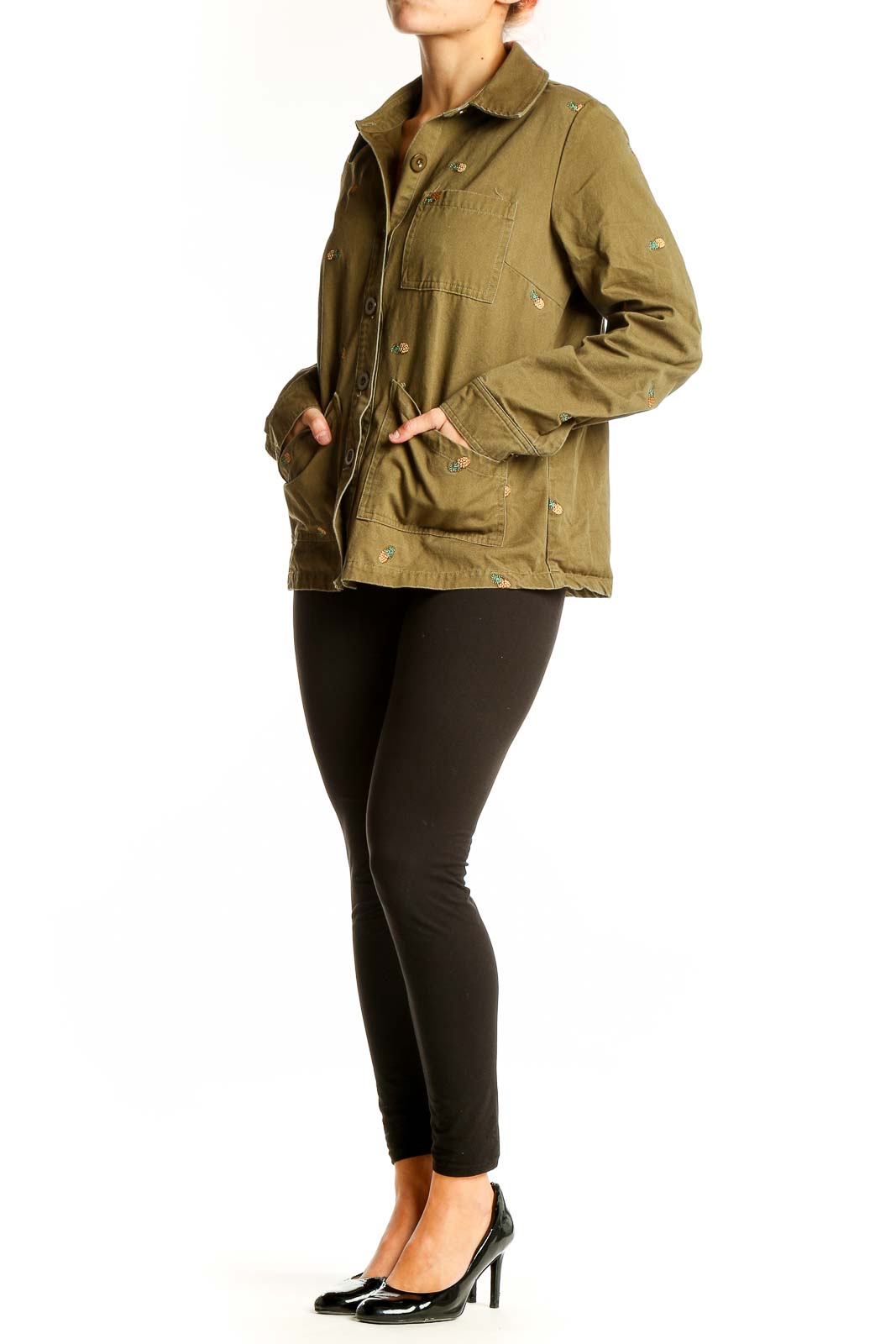 Front view of olive Seen Worn Kept utility jacket with embroidered details