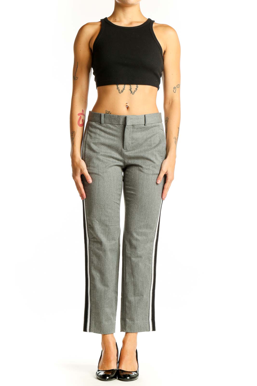 Front view of gray cropped dress pants with side stripe from Banana Republic