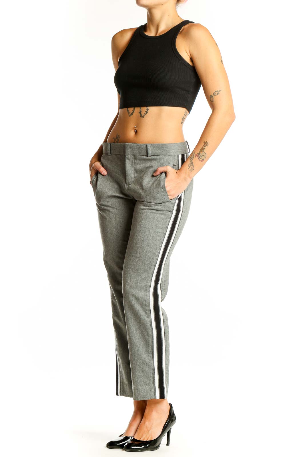 Front view of gray cropped dress pants with side stripe from Banana Republic