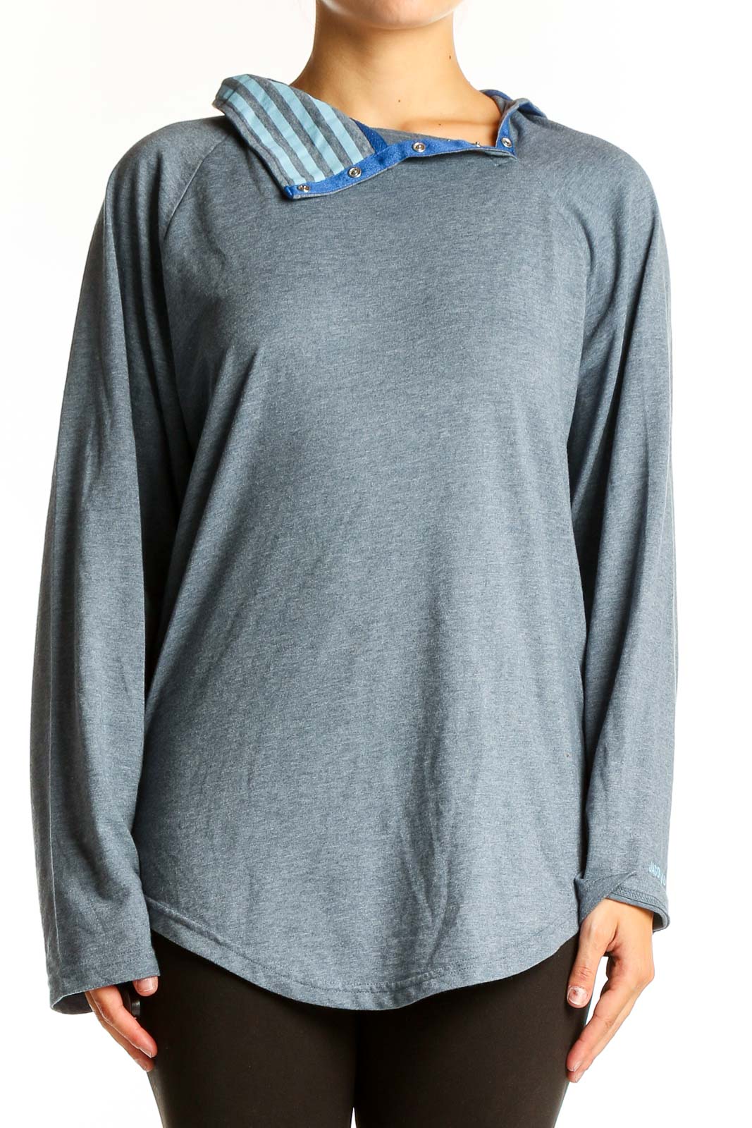 Front view of Jason Wu gray asymmetrical hooded top with blue striped hood