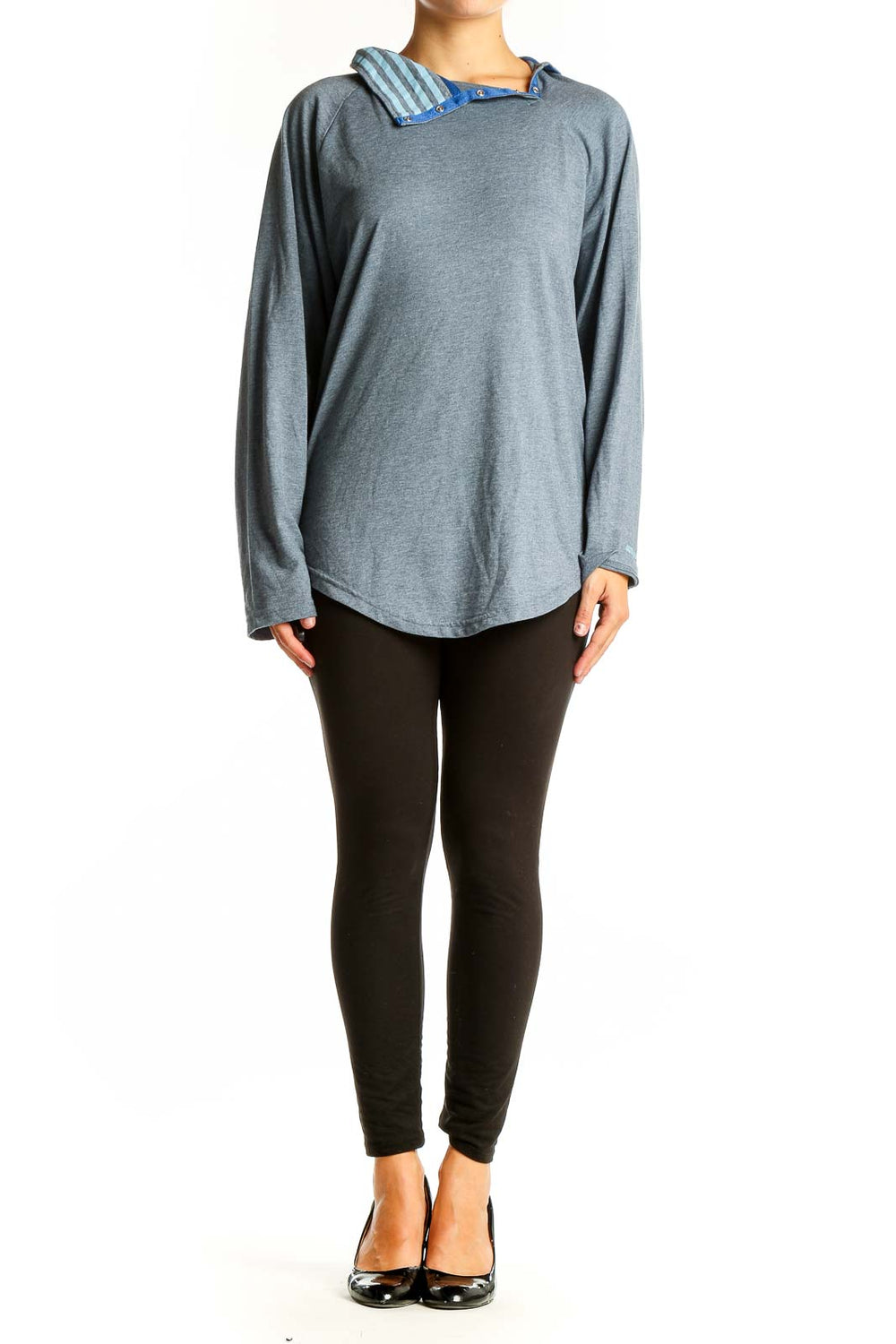 Front view of Jason Wu gray asymmetrical hooded top with blue striped hood