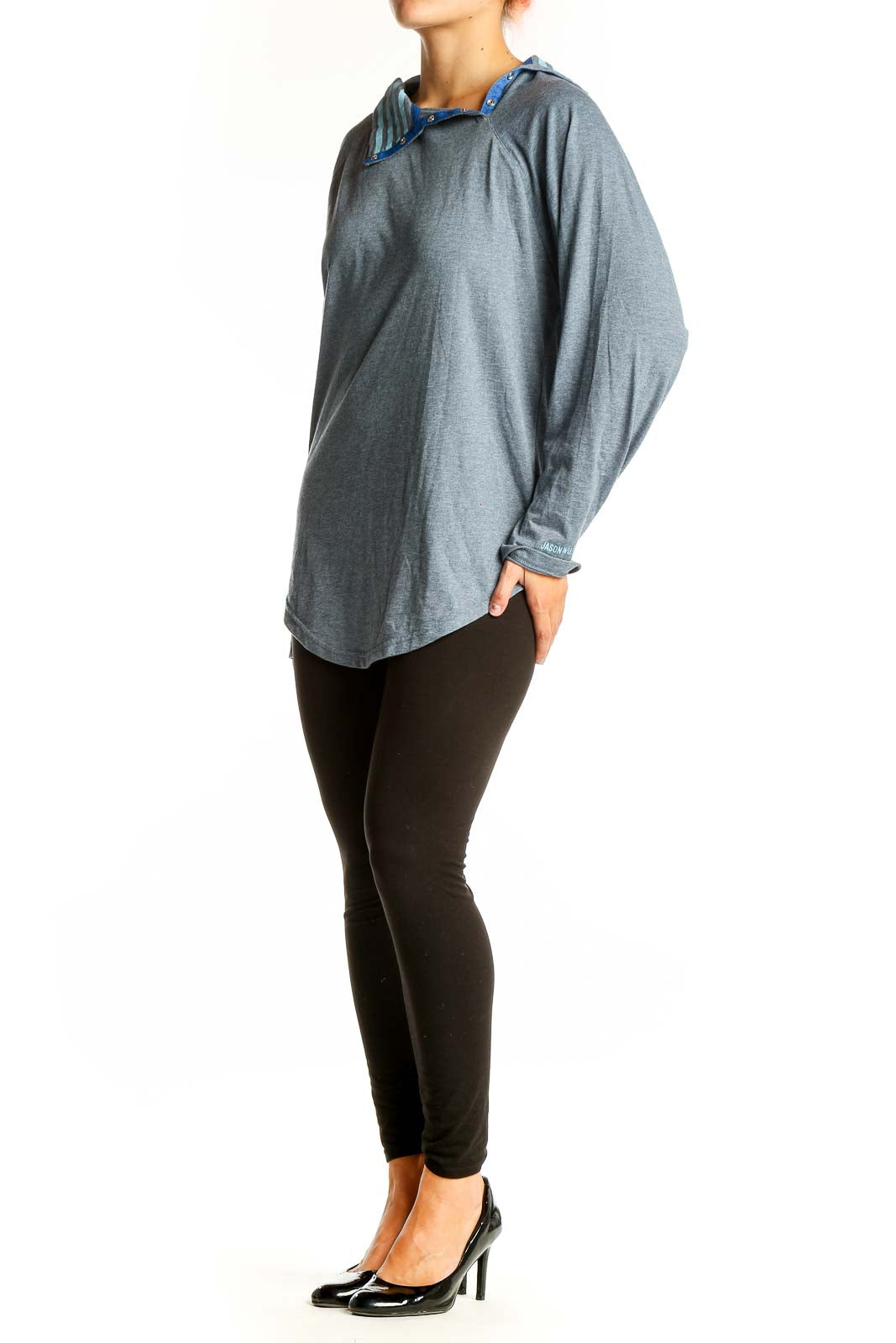 Front view of Jason Wu gray asymmetrical hooded top with blue striped hood