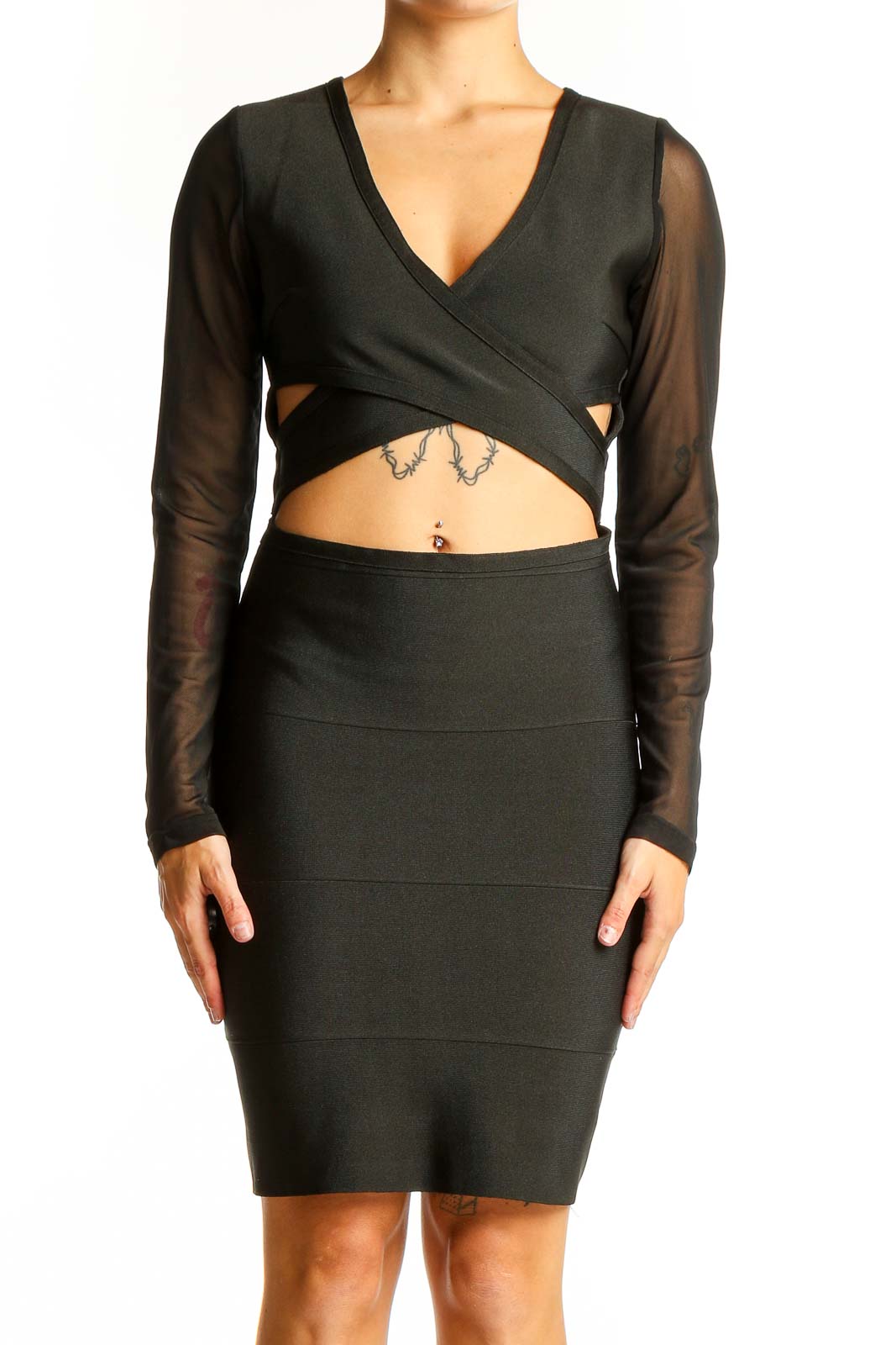 Front view of black bodycon dress with cutouts and sheer sleeves
