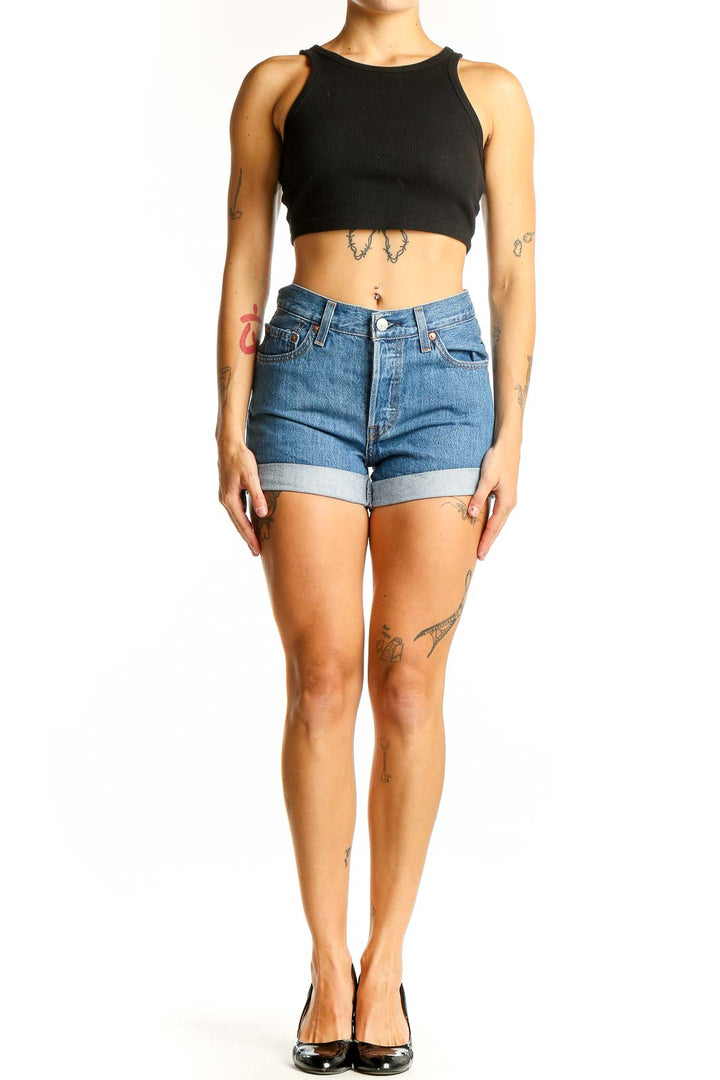 Front view of Levi's Premium blue denim high-waisted shorts with cuffed hem