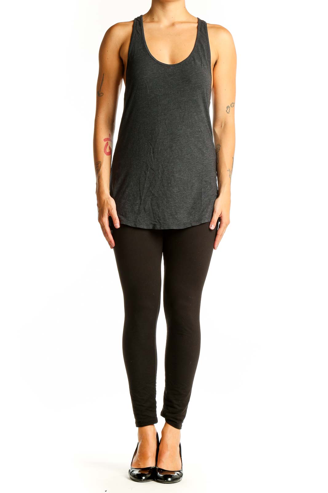 Front view of charcoal gray Lululemon racerback tank top